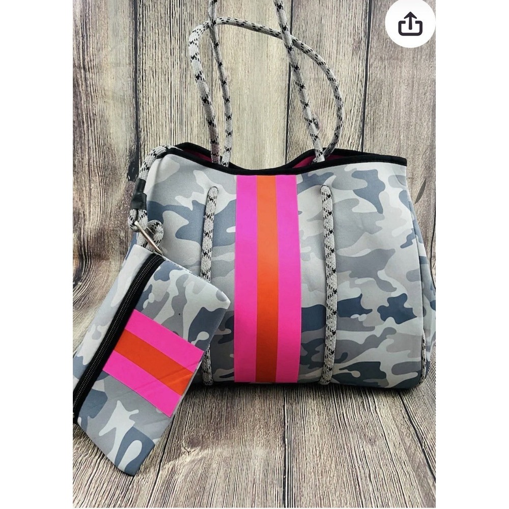 Haute Shore Green Camo Pink Stripe Neoprene Expandable Tote Bag With Wallet